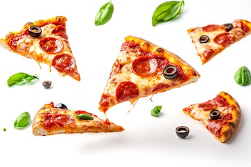 Pizza Slices with Pepperoni and Olives Floating with Basil Leaves on White