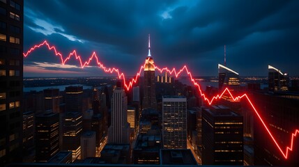 Dramatic stock market crash over stunning New York City skyline at night symbolizing financial crisis, economic recession, and investment risk in modern finance