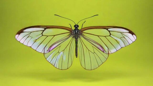 Close up of a glasswing butterfly with translucent wings on a yellow background studio shot butterfly green screen video