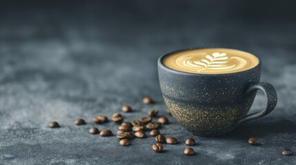 Hot coffee with latte art and scattered beans on dark textured surface.