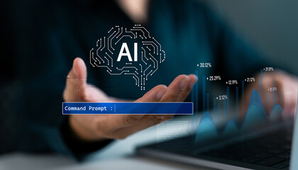 Business professional using AI-powered data analysis interface with futuristic graphs and command prompt. Artificial intelligence in finance, big data and smart decision making technology.