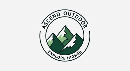 Ascend Outdoor adventure logo with mountain peaks and slogan.