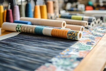 Textile Rolls with Colorful Threads, Handwoven Fabric and Craft Supplies in Studio