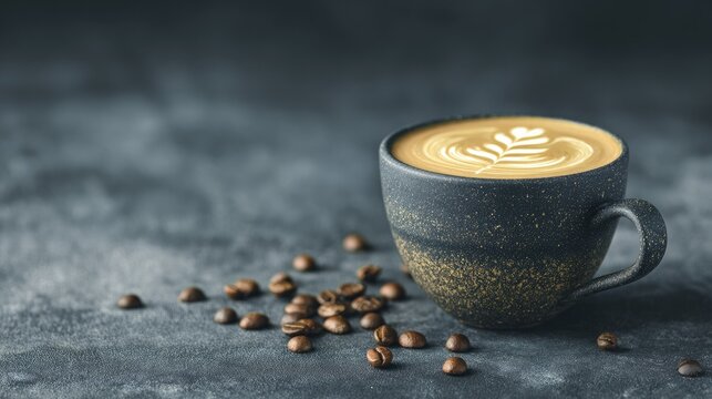 Hot coffee with latte art and scattered beans on dark textured surface.