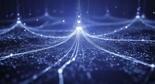 Abstract visualization of data flowing through a complex digital network, representing high-speed information transfer and advanced technological connections in a futuristic environment
