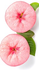 Two Pink Apple Halves with Green Leaves on a White Background Close Up View