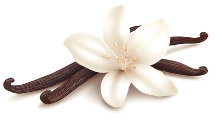 Vanilla Bean Flower with Pods Aroma and Flavor on White Background Close Up