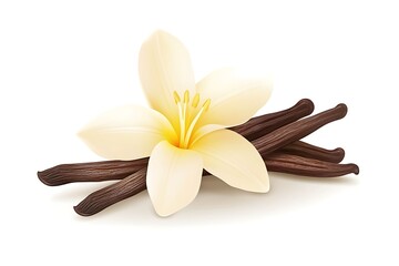 Vanilla Flower Blossom with Brown Pods Arrangement Isolated on White Background