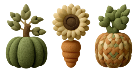 Colorful Textured Fruits and Flowers in Soft Artistic Style on Transparent Background