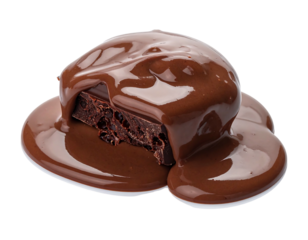 Dark chocolate block coated in smooth, dripping, rich chocolate sauce against a black background