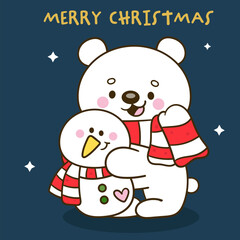 christmas greeting card with polar bear and snowman kawaii animal winter cartoon