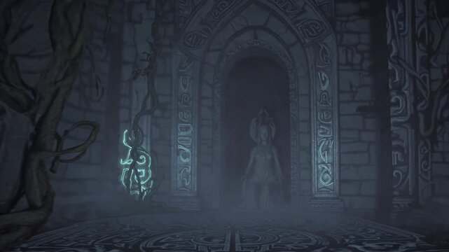 mossy temple entrance, lone seeker approaches carved archway, dim teal light illuminates rune circle before corridor, suspense builds as shadows grow inside dark corridor