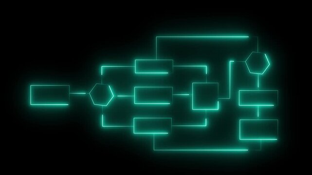 Business process and workflow automation with flowchart. Business and technology concept. Businessman shows animated spinning gear icons arranging processing management on virtual screen