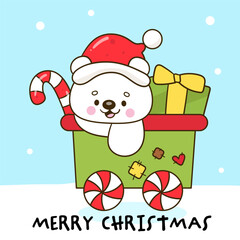 polar bear santa in wagon christmas greeting card kawaii animal winter cartoon