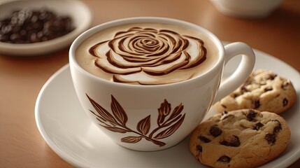 Hot beverage with latte art in a decorative cup sits with cookies.