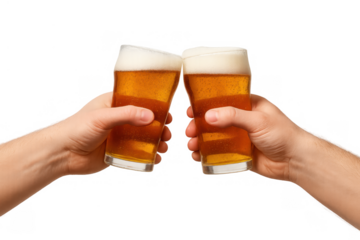 Hands holding beer glasses clinking for a celebratory toast, enjoying drinks, transparent background