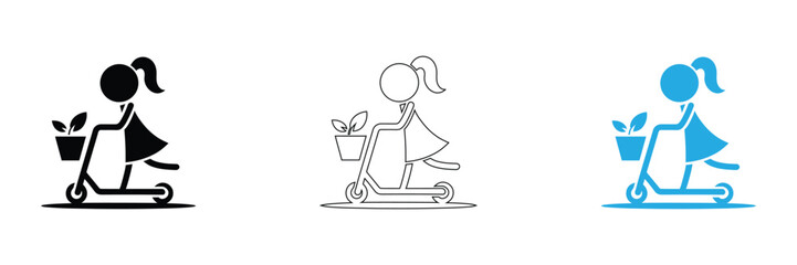 Stencil of a girl who rides a scooter. Transport for the city and rest. Sports transport for one person.,Girl on scooter with plant icon set sustainable lifestyle,editable stroke