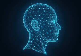 Abstract digital human head wireframe with glowing blue neural network connections