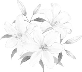 白いユリの花のブーケ　モノクロイラスト