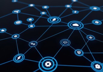 Abstract network of connected digital icons representing technology and data flow