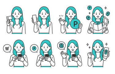 クレジットカードやスマホで買い物をする･ポイントを貯める若い女性のセット【人物ベクターイラスト素材】