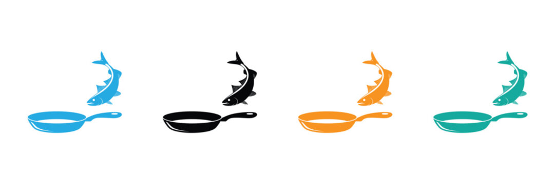 Dynamic fish leaping from sizzling frying pan culinary icon.editable stroke