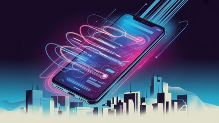 Modern Communication Technology Concept with Smartphone and City View