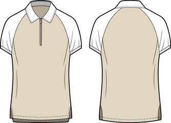 Technical sketch, polo shirt, fashion design, garment template, raglan sleeve, zipper placket, flat drawing, apparel mockup, clothing illustration, textile concept