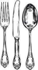 Vintage illustration of fork, knife, and spoon engraving art design