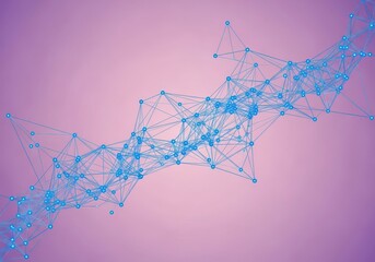 Abstract network of blue dots and lines on a soft pink gradient background