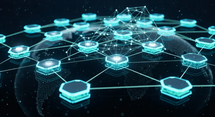 Global network of interconnected digital nodes on a planet Earth background symbolizing data flow and connectivity