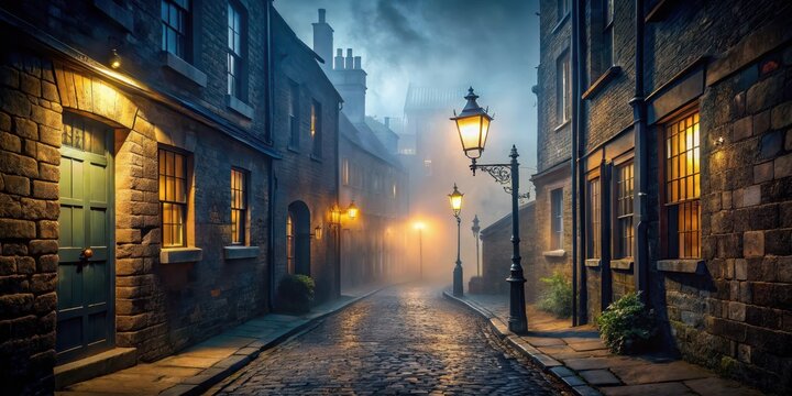 Foggy night in a mysterious Victorian London alleyway with old stone walls and dimly lit street lamps, foggy night, abandoned buildings