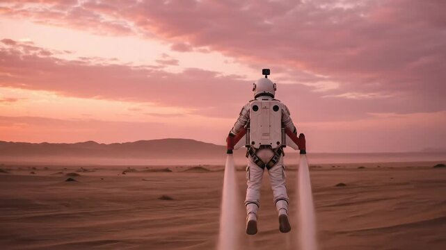 Future Explorer with Jetpack Takes Off from Alien Desert Landscape at Sunset, Dramatic Pink Sky Background