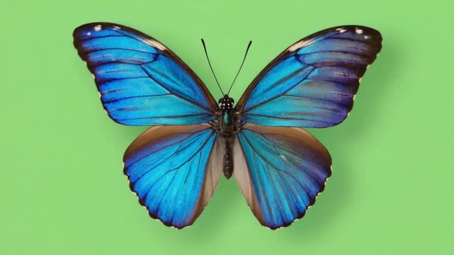 Close up of a vibrant blue morpho butterfly with open wings against a light green background butterfly green screen video