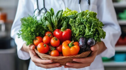 Doctor holding basket of fresh fruits and vegetables