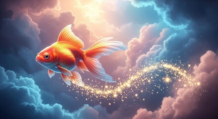 Whimsical goldfish swims through dreamy clouds leaving a trail of stardust sparkles in the twilight sky