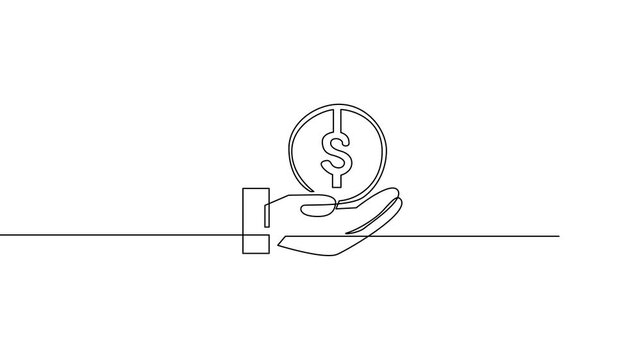 One line drawing of hand holding dollar coin.
