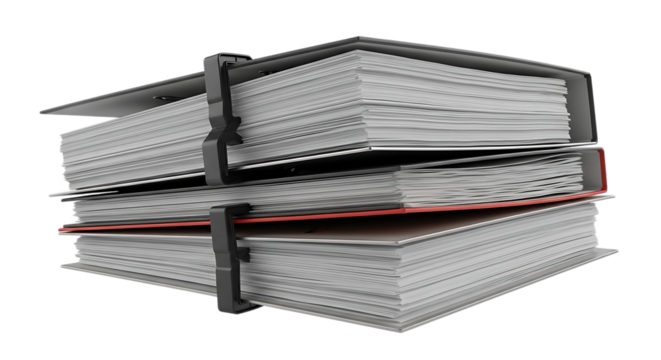 Stack of three thick binders filled with white paper and black clips isolated on a transparent background
