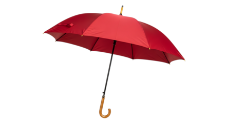 Open red umbrella with wooden handle and black shaft isolated on a transparent background rain protection