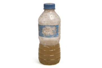 Dirty plastic bottle filled with murky water on transparent background, symbolizing pollution and environmental waste