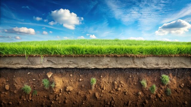 A detailed cross-section view of the underground soil layer revealing erosion and weathering effects on the ground surface topped with lush green grass, underground, earth sciences