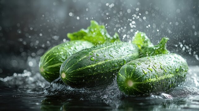 Fresh cucumbers splashing in water. Kitchen still life.  Possible use Food photography