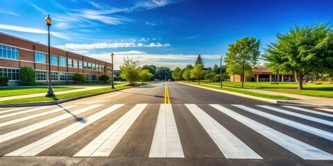 Obraz premium Empty School Crosswalk on Sunny Summer Day, summer, deserted street, summer, deserted street, morning light, empty