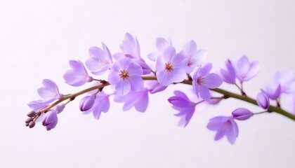 Obraz premium Close up of a delicate branch with light purple flowers and buds against a white background studio shot