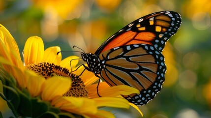 Fototapeta premium A monarch butterfly rests on a bright yellow sunflower, its wings displaying intricate patterns of orange, black, and white.