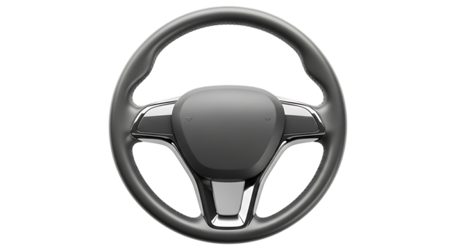 Modern Car Steering Wheel with Chrome Accents and Airbag Cover isolated on a transparent background automobile