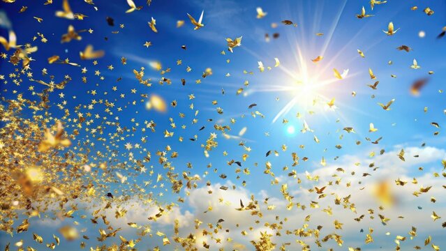 Colorful gold confetti falling gently from the sky on a sunny day with bright blue clouds and a few birds flying away , confetti, colorful - Powered by Adobe