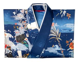 Folded blue kimono with a floral & cloud design on a black background showing a lined collar and red fabric underneath