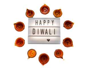 Festive Diwali greeting with glowing light box and traditional oil lamps arranged in a circle against black