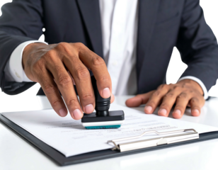 Dark-skinned person in suit holding a stamp over white paper, held by a metal clipboard on a bright white surface